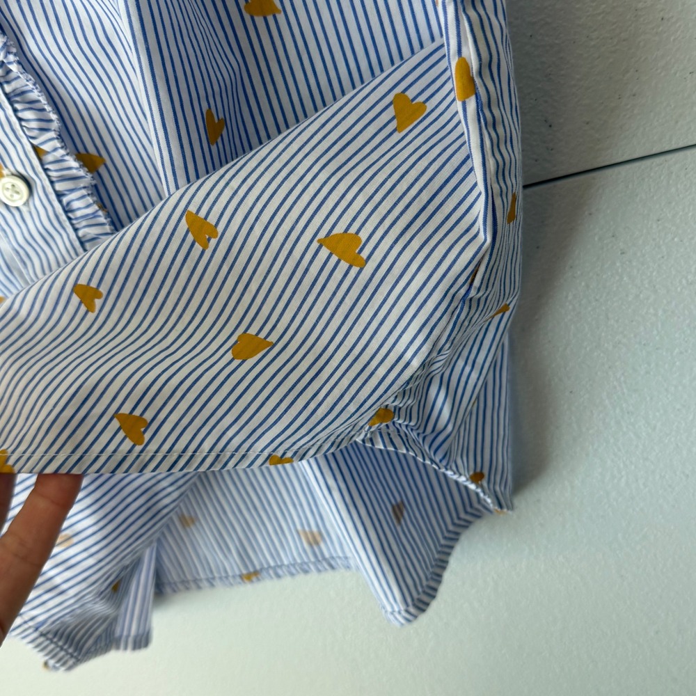 Talbots Button Up Blouse S Blue White Striped Gold Heart 100% Cotton Ruffle - Picture 11 of 11